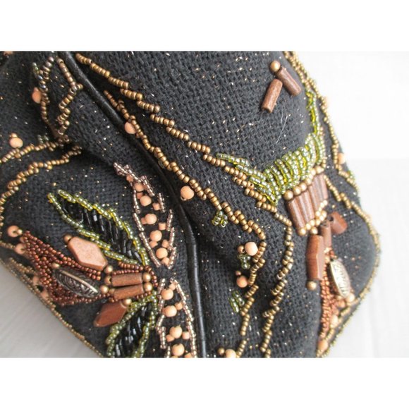 *Mary Frances Vintage Brown Beaded Satchel Tulip Motif Seed and Wooden Beads - Picture 7 of 14